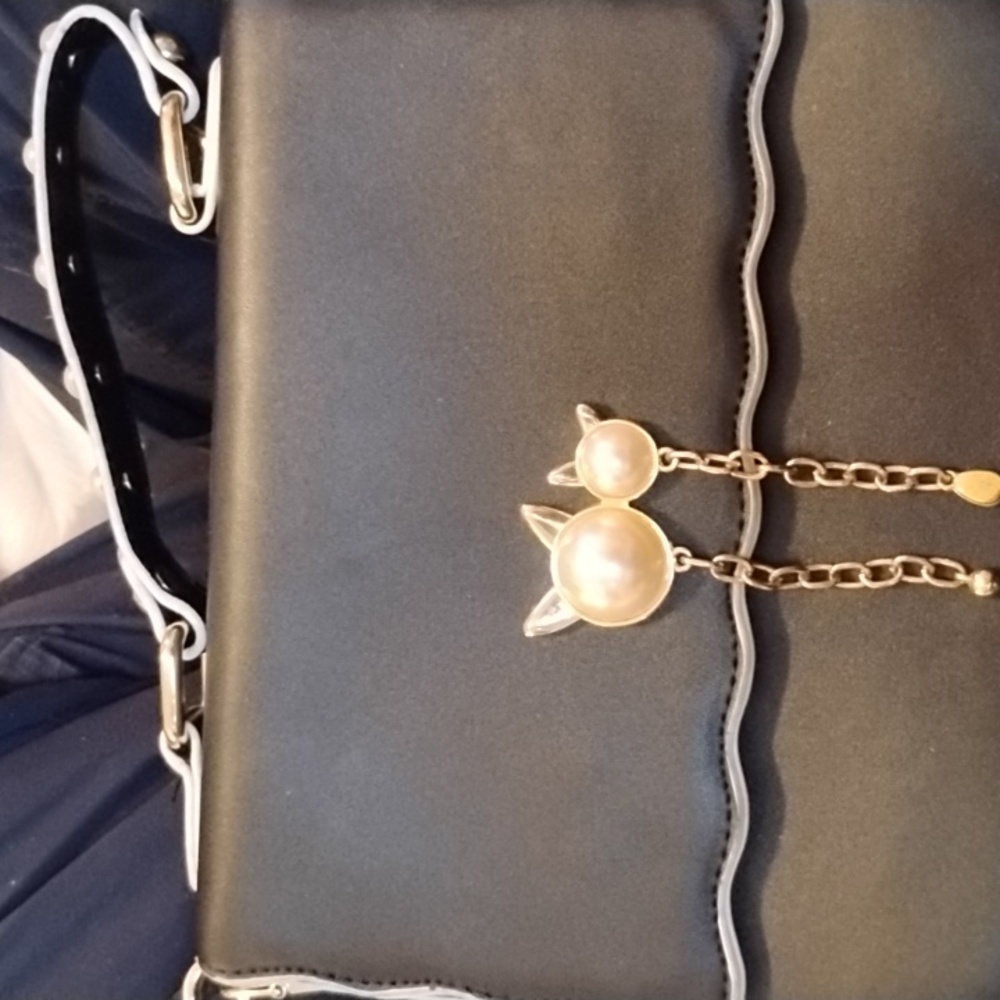 Over shoulder black bag white cat pearls on the front with Jewel handle